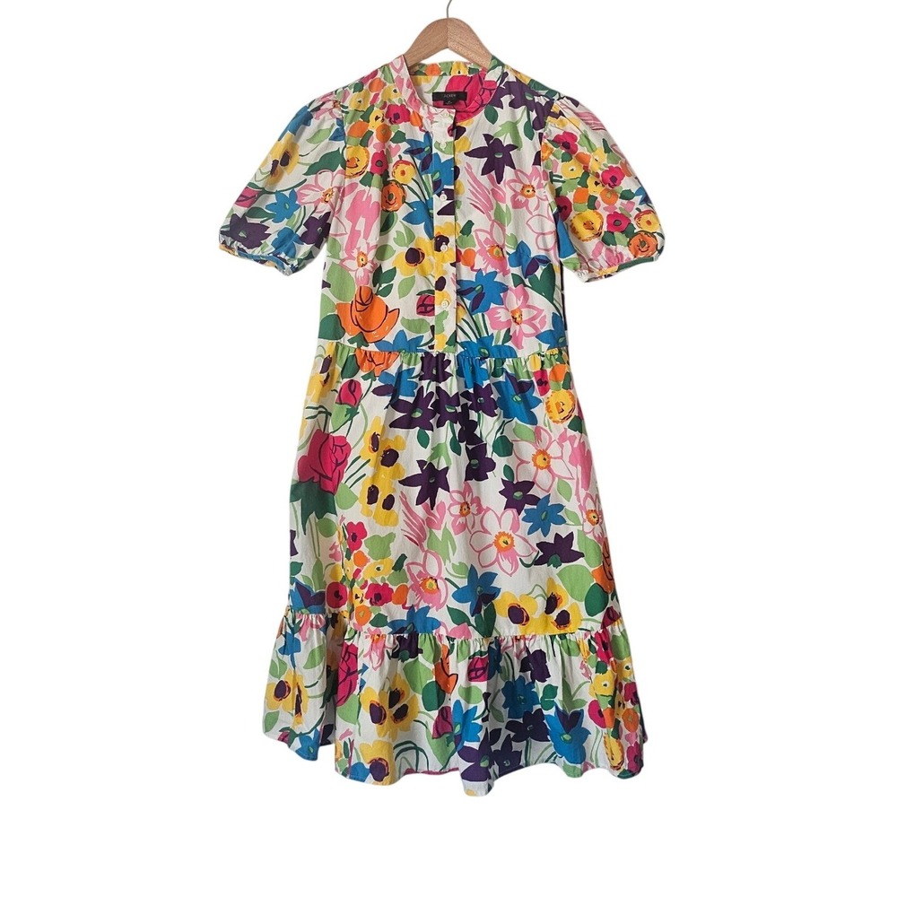 J.Crew Colorful Floral Cotton Puff Sleeve  Knee Length Dress Cottagecore Size 0